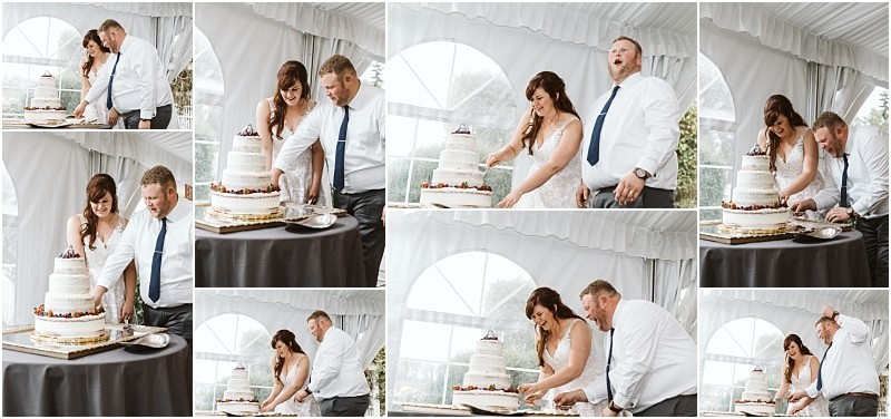 Premier snohomish & seattle wedding photographer | gsquared weddings photography a collage of wedding photos shows a snohomish bride and groom cutting their tiered wedding cake together laughing and enjoying the moment inside a bright tented venue near seattle | serving snohomish seattle                   & beyond