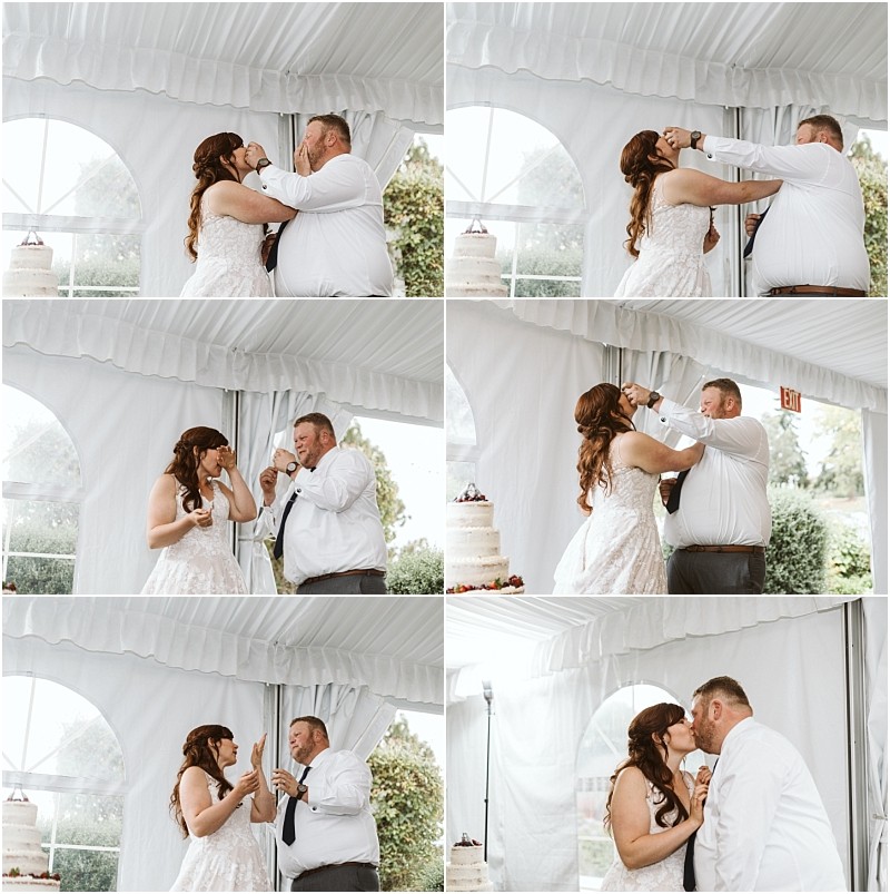 Premier snohomish & seattle wedding photographer | gsquared weddings photography a bride and groom laugh and playfully feed each other cake at their snohomish wedding reception getting cake on each others faces before sharing a kiss under a white tent | serving snohomish seattle                   & beyond