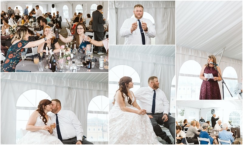 Premier snohomish & seattle wedding photographer | gsquared weddings photography a collage of snohomish wedding reception photos guests making a toast the bride and groom sitting and kissing a man giving a speech a woman speaking at a microphone and attendees seated under a white tent | serving snohomish seattle                   & beyond