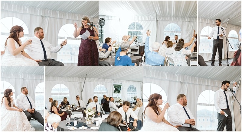 Premier snohomish & seattle wedding photographer | gsquared weddings photography a collage of snohomish wedding reception photos under a white tent shows guests giving toasts raising hands and listening attentively The newlyweds sit together at a table smiling and enjoying the celebration | serving snohomish seattle                   & beyond