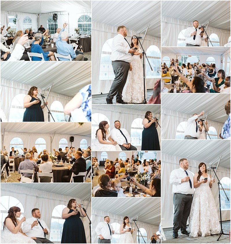 Premier snohomish & seattle wedding photographer | gsquared weddings photography a collage of snohomish wedding reception photos under a white tent showing the bride and groom guests seated at tables people giving speeches and everyone celebrating together near seattle | serving snohomish seattle                   & beyond