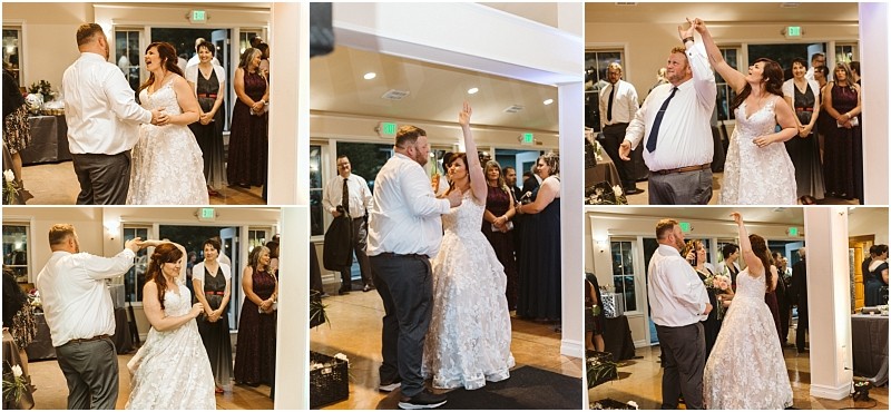 Premier snohomish & seattle wedding photographer | gsquared weddings photography a collage of six photos captures a snohomish bride and groom dancing at their wedding reception near seattle smiling and twirling under indoor lights with guests watching in the background | serving snohomish seattle                   & beyond
