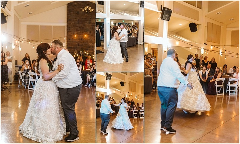 Premier snohomish & seattle wedding photographer | gsquared weddings photography a bride and groom share their first dance at their snohomish wedding reception smiling and holding each other on a polished floor surrounded by seated guests in a warmly lit indoor venue | serving snohomish seattle                   & beyond