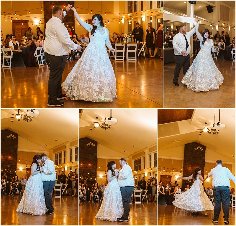 Premier snohomish & seattle wedding photographer | gsquared weddings photography a bride and groom share their first dance at a snohomish wedding reception smiling and twirling together on a wooden dance floor surrounded by guests in a warmly lit venue near seattle | serving snohomish seattle                   & beyond