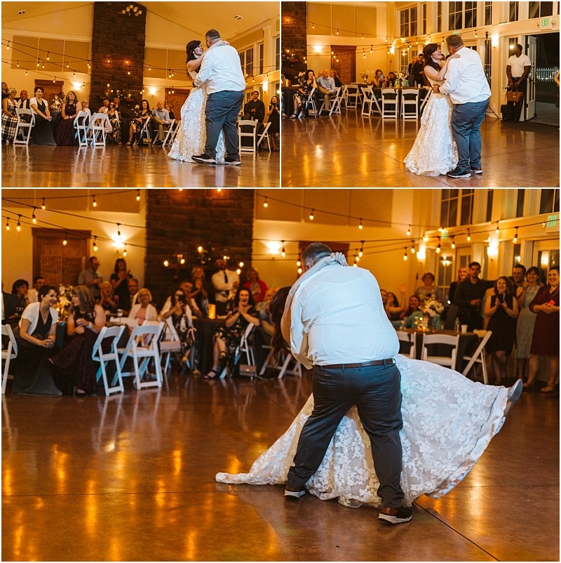Premier snohomish & seattle wedding photographer | gsquared weddings photography a bride and groom share their first dance in a warmly lit snohomish venue surrounded by smiling guests The groom dips the bride as string lights cast a cozy glow on this unforgettable seattle wedding celebration | serving snohomish seattle                   & beyond