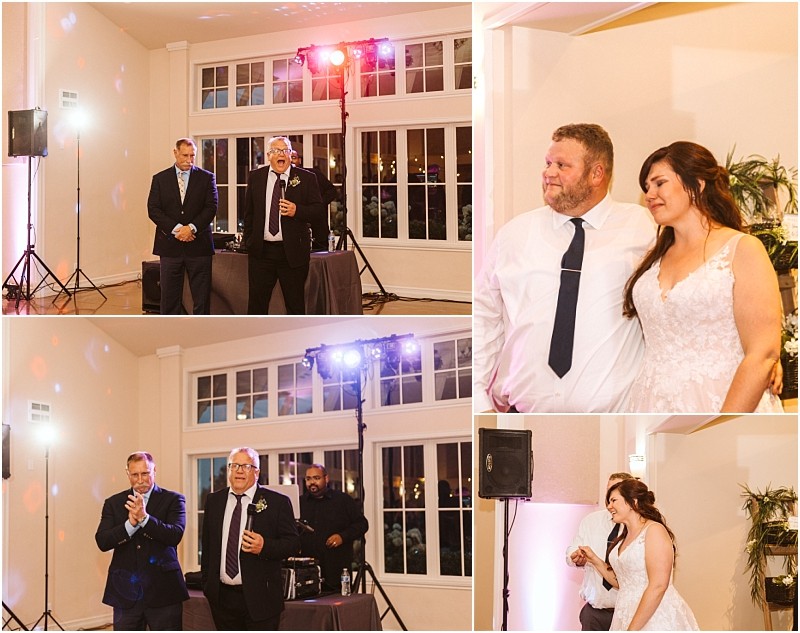 Premier snohomish & seattle wedding photographer | gsquared weddings photography a snohomish wedding reception collage shows a bride and groom listening to speeches a man in a suit speaking with a microphone and guests clapping all in a warmly lit hall with large windows and dj equipment in the background | serving snohomish seattle                   & beyond