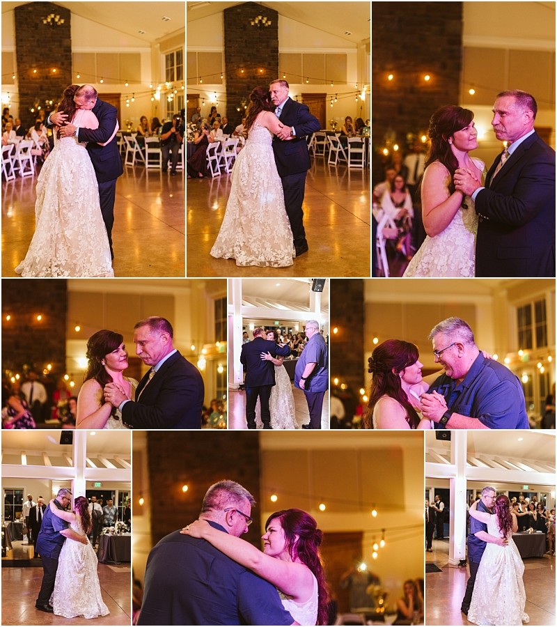 Premier snohomish & seattle wedding photographer | gsquared weddings photography a bride and her father share a heartfelt dance at a snohomish wedding reception surrounded by seated guests and warm string lights in a rustic indoor venue Multiple angles capture their emotional moments together | serving snohomish seattle                   & beyond