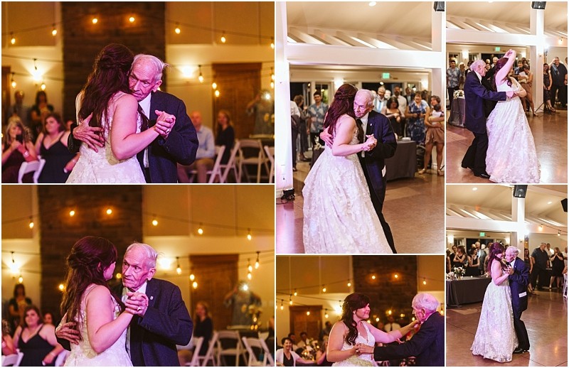 Premier snohomish & seattle wedding photographer | gsquared weddings photography a collage of six photos shows a bride in a white gown dancing closely with an elderly man in a suit during a snohomish seattle wedding reception with guests seated and watching in the decorated venue | serving snohomish seattle                   & beyond