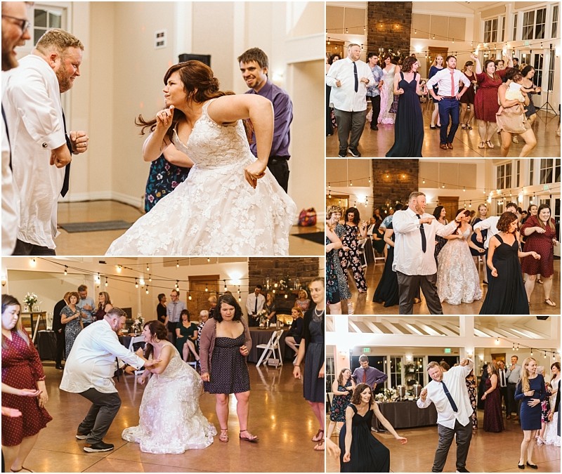 Premier snohomish & seattle wedding photographer | gsquared weddings photography a collage of snohomish wedding reception photos shows guests and a bride dancing energetically and joyfully together in a bright decorated venue near seattle | serving snohomish seattle                   & beyond