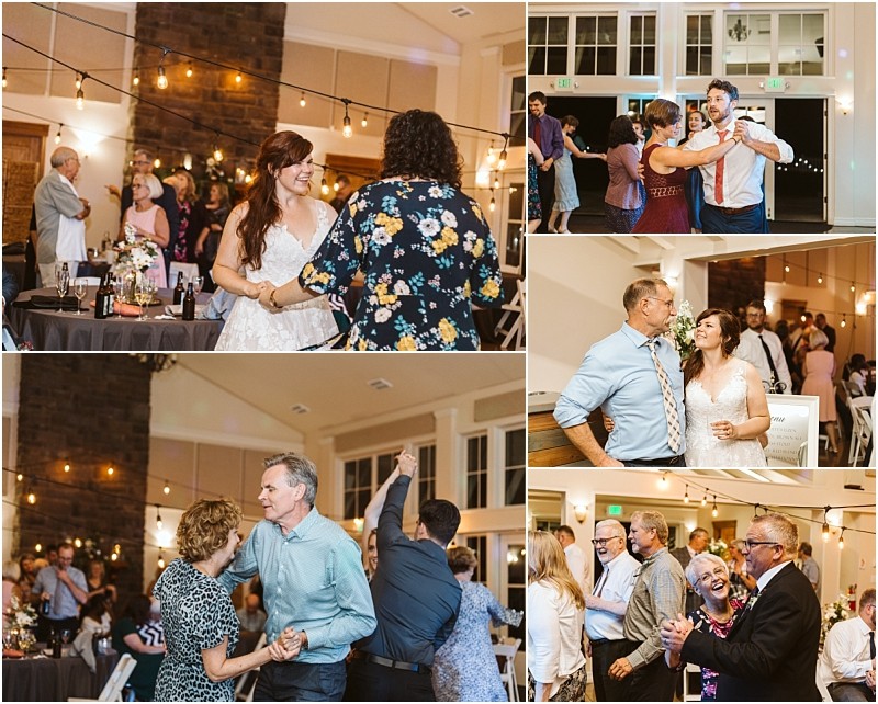 Premier snohomish & seattle wedding photographer | gsquared weddings photography a collage of snohomish wedding reception photos shows guests of various ages dancing laughing and socializing in a warmly lit hall decorated with string lights The smiling bride appears in two images | serving snohomish seattle                   & beyond
