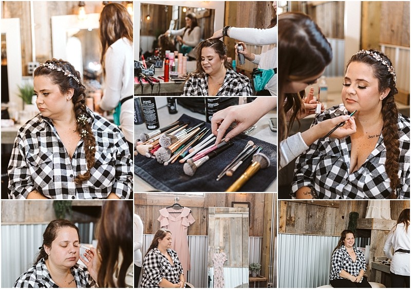 Premier snohomish & seattle wedding photographer | gsquared weddings photography a woman in a plaid shirt with a braided hairstyle and floral hairpiece gets her makeup done in a rustic snohomish salon Surrounded by beauty products she prepares for her seattle wedding or engagement in this charming setting | serving snohomish seattle                   & beyond