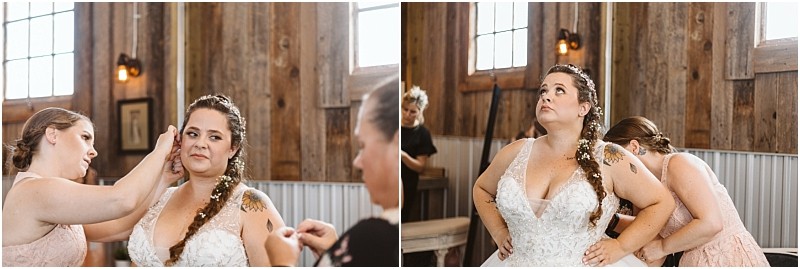 Premier snohomish & seattle wedding photographer | gsquared weddings photography two side by side photos capture a bride preparing for her snohomish wedding In a rustic wooden room someone adjusts her hair in the first image in the second another person fastens her dress as she stands with hands on hips looking up | serving snohomish seattle                   & beyond