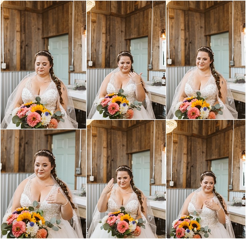 Premier snohomish & seattle wedding photographer | gsquared weddings photography a bride in a white gown and veil holds a colorful bouquet posing with various hand gestures and expressions in a rustic wooden room with soft lightingcapturing the charm of a snohomish seattle wedding engagement | serving snohomish seattle                   & beyond