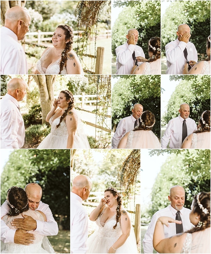Premier snohomish & seattle wedding photographer | gsquared weddings photography a bride in a white dress shares an emotional first look with her father outdoors at a snohomish seattle wedding They smile cry and hug under trees and sunlight capturing joyful and heartfelt reactions in candid moments | serving snohomish seattle                   & beyond