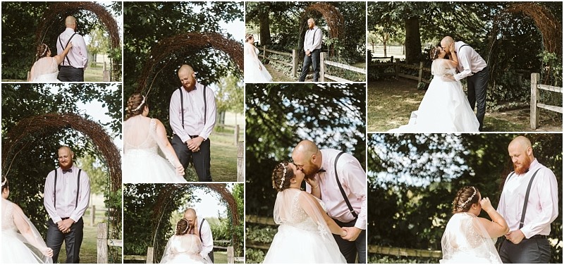 Premier snohomish & seattle wedding photographer | gsquared weddings photography a collage of outdoor snohomish wedding photos features a bride in a white dress and a groom in suspenders sharing emotional first look moments kisses and joyful expressions under a rustic arch and near trees | serving snohomish seattle                   & beyond