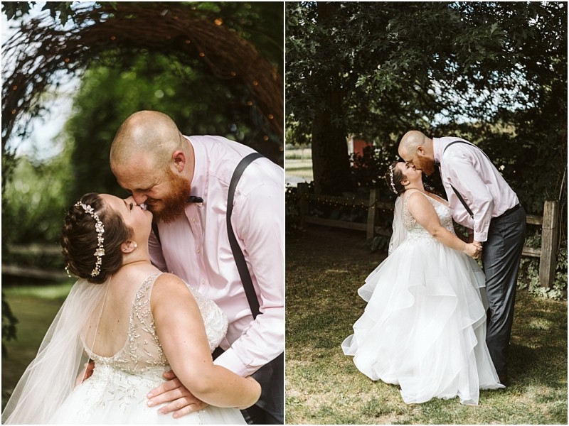 Premier snohomish & seattle wedding photographer | gsquared weddings photography two photos of a snohomish seattle wedding on the left the bride and groom share a kiss under a rustic arch on the right they hold hands and smile at each other surrounded by trees and sunlight | serving snohomish seattle                   & beyond