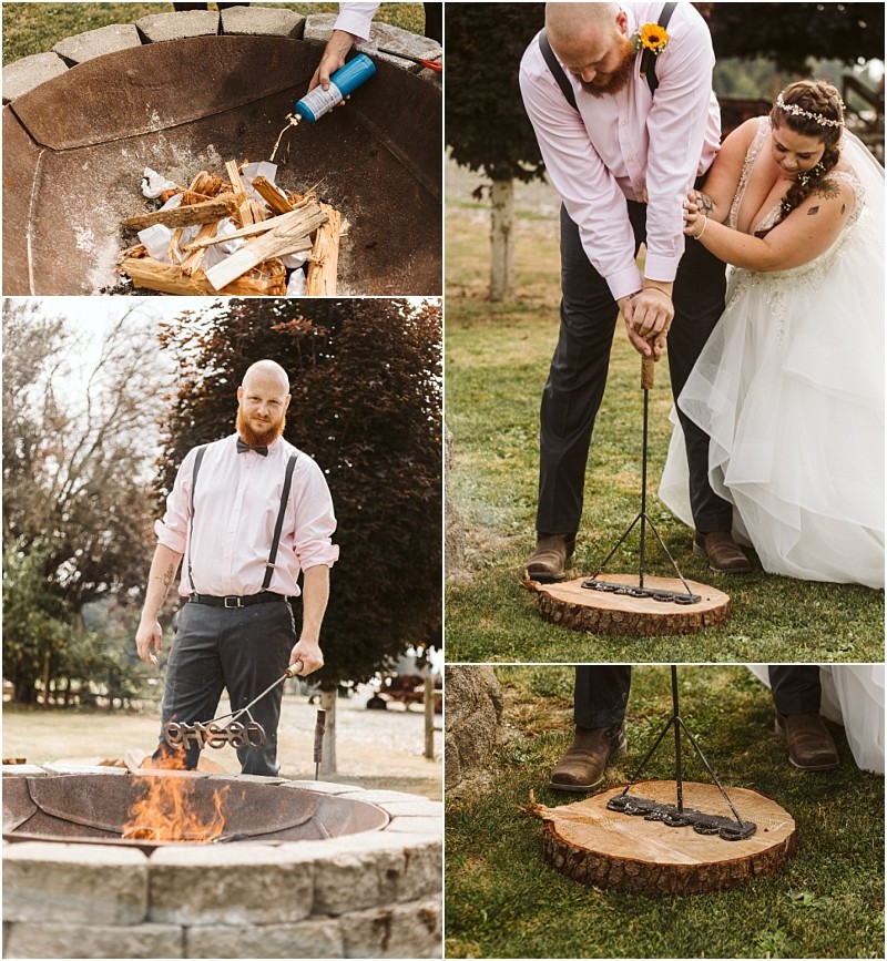 Premier snohomish & seattle wedding photographer | gsquared weddings photography a bride and groom brand a wooden slab with a custom metal brand near a fire pit at their rustic snohomish wedding The groom heats the brand in the fire and together they press it onto the wood with smiles during this unique seattle wedding ritual | serving snohomish seattle                   & beyond