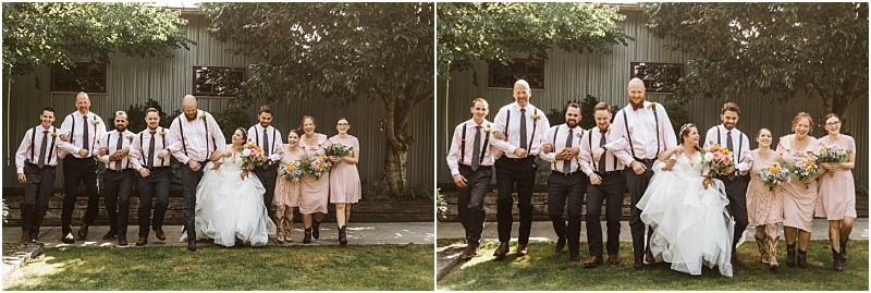Premier snohomish & seattle wedding photographer | gsquared weddings photography a snohomish wedding party in light pink and white attire walks and poses together outdoors smiling and linking arms with trees and a building in the backgroundcapturing joyful moments near seattle | serving snohomish seattle                   & beyond
