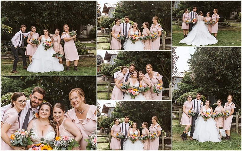 Premier snohomish & seattle wedding photographer | gsquared weddings photography a collage of snohomish wedding photos shows a bride in a white dress two bridesmaids in light pink dresses and two groomsmen in shirts and suspenders all smiling and posing outdoors with bouquets | serving snohomish seattle                   & beyond