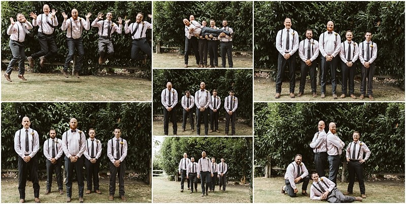 Premier snohomish & seattle wedding photographer | gsquared weddings photography a collage of groomsmen posing and having fun outdoors at a snohomish seattle wedding wearing white shirts suspenders and ties standing and sitting on grass in front of green foliage smiling and laughing in playful group poses | serving snohomish seattle                   & beyond