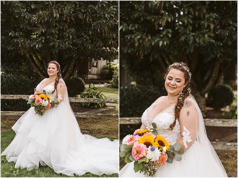 Premier snohomish & seattle wedding photographer | gsquared weddings photography a bride in a white wedding dress holds a colorful bouquet and smiles outdoors near a wooden fence and green trees capturing the magic of a snohomish seattle wedding | serving snohomish seattle                   & beyond