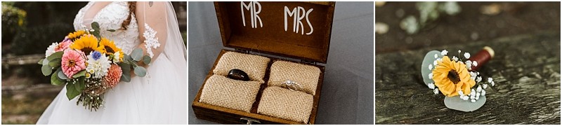 Premier snohomish & seattle wedding photographer | gsquared weddings photography a bride holds a colorful bouquet a wooden box labeled mr mrs displays wedding rings on burlap and a small boutonniere with a yellow flower rests on a wooden surfaceperfect for a charming snohomish or seattle wedding | serving snohomish seattle                   & beyond