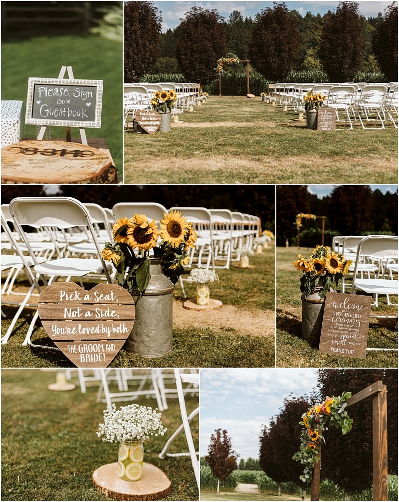 Premier snohomish & seattle wedding photographer | gsquared weddings photography collage of outdoor rustic wedding decorations in snohomish sunflowers in metal pails wooden signs with welcoming messages white folding chairs for a ceremony and an arch adorned with sunflowers and greeneryperfect for a seattle wedding engagement | serving snohomish seattle                   & beyond