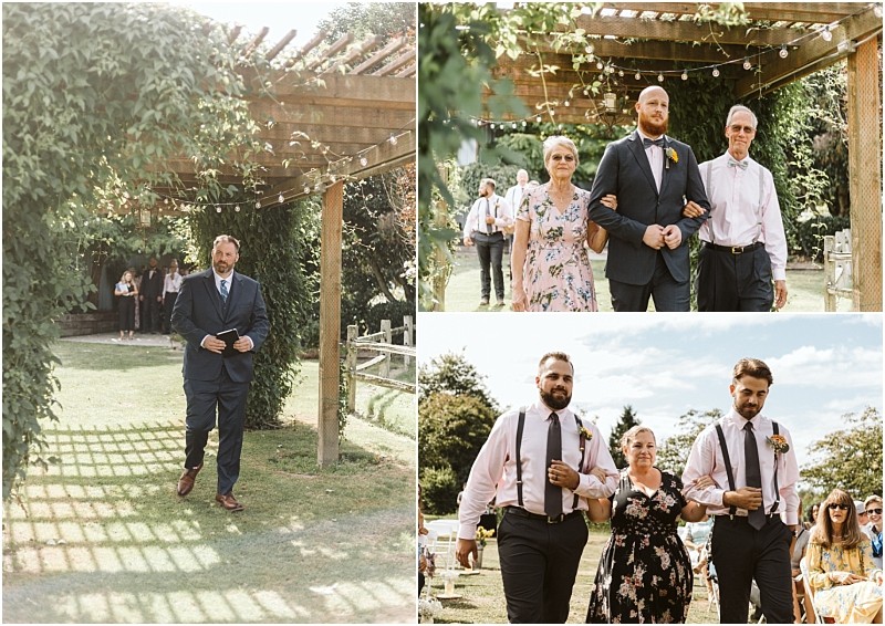 Premier snohomish & seattle wedding photographer | gsquared weddings photography three photos show people walking down an outdoor sunlit aisle for a snohomish wedding ceremony under a wooden pergola with greenery Some are escorted in pairs or groups dressed in formal attire while guests watch | serving snohomish seattle                   & beyond
