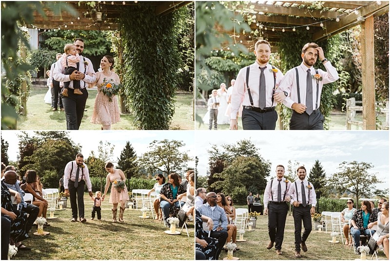 Premier snohomish & seattle wedding photographer | gsquared weddings photography a collage of four outdoor snohomish wedding photos shows people walking down the aisle a woman with a toddler two men in shirts and suspenders and guests seated in a garden under a pergola adorned with greenery | serving snohomish seattle                   & beyond