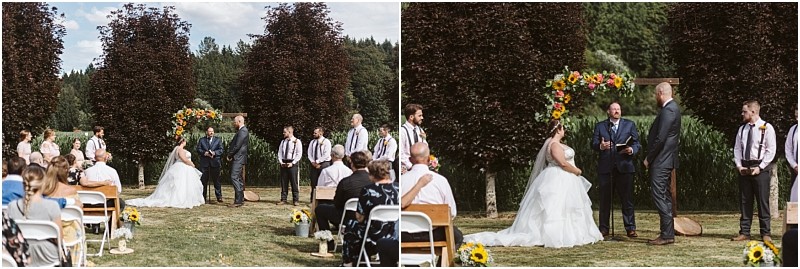 Premier snohomish & seattle wedding photographer | gsquared weddings photography outdoor wedding ceremony in snohomish near seattle featuring a bride in a white dress and a groom under a floral arch surrounded by the wedding party and guests amid lush trees and greeneryperfect for your romantic engagement celebration | serving snohomish seattle                   & beyond
