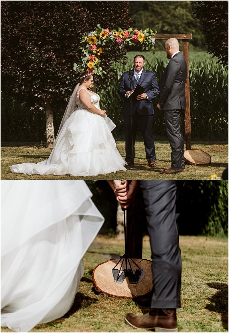 Premier snohomish & seattle wedding photographer | gsquared weddings photography a bride and groom stand with an officiant under a wooden arch decorated with colorful flowers at their snohomish seattle wedding Below a close up shows the groom holding a branding iron over a wooden slab | serving snohomish seattle                   & beyond