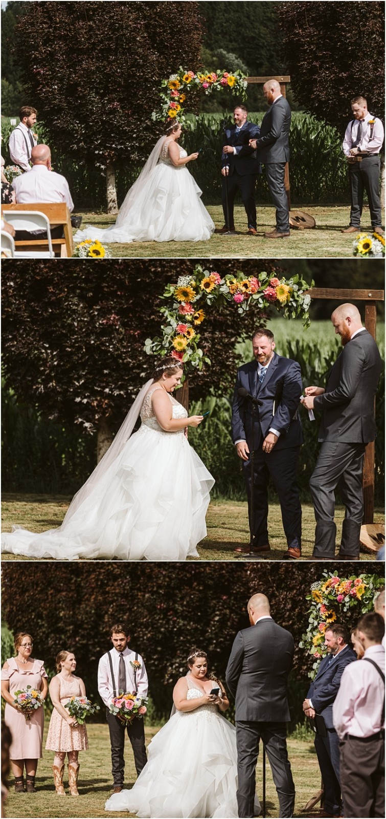 Premier snohomish & seattle wedding photographer | gsquared weddings photography a bride and groom stand under a colorful floral arch during their sunny snohomish outdoor wedding ceremony reading vows and smiling surrounded by their bridal party and officiant | serving snohomish seattle                   & beyond
