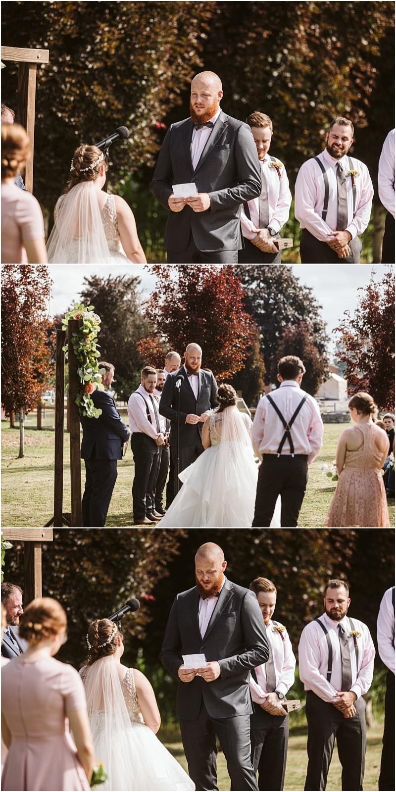 Premier snohomish & seattle wedding photographer | gsquared weddings photography a bearded man in a suit reads from a card during a snohomish outdoor wedding ceremony standing under an arch with the bride facing him Bridesmaids and groomsmen look on as autumn leaves surround this romantic seattle engagement moment | serving snohomish seattle                   & beyond
