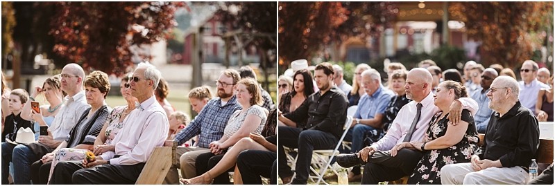 Premier snohomish & seattle wedding photographer | gsquared weddings photography a group of people seated outdoors at a snohomish wedding attentively watching the event The audience includes men and women of various ages in semi formal attire with trees and sunlight in the background | serving snohomish seattle                   & beyond