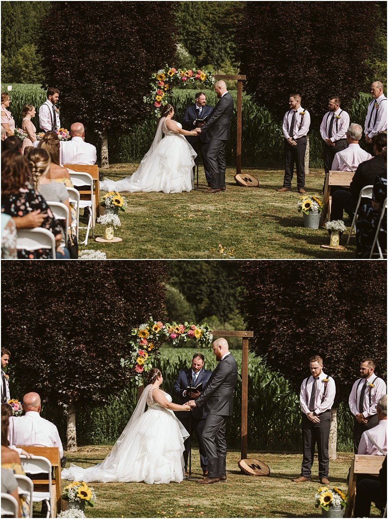 Premier snohomish & seattle wedding photographer | gsquared weddings photography two photos of a snohomish outdoor wedding ceremony show a couple holding hands under a floral arch surrounded by their wedding party and guests on either side all enjoying a sunny seattle day | serving snohomish seattle                   & beyond