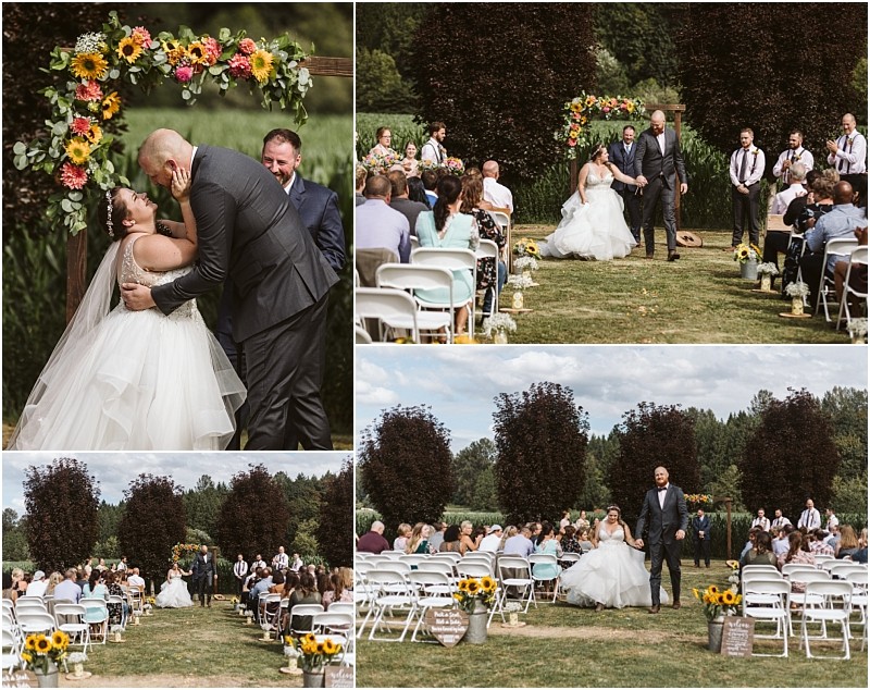 Premier snohomish & seattle wedding photographer | gsquared weddings photography a collage of outdoor snohomish wedding photos shows a bride and groom under a floral arch kissing walking down the aisle and celebrating among seated guests with sunflowers and greenery decorating the setting | serving snohomish seattle                   & beyond