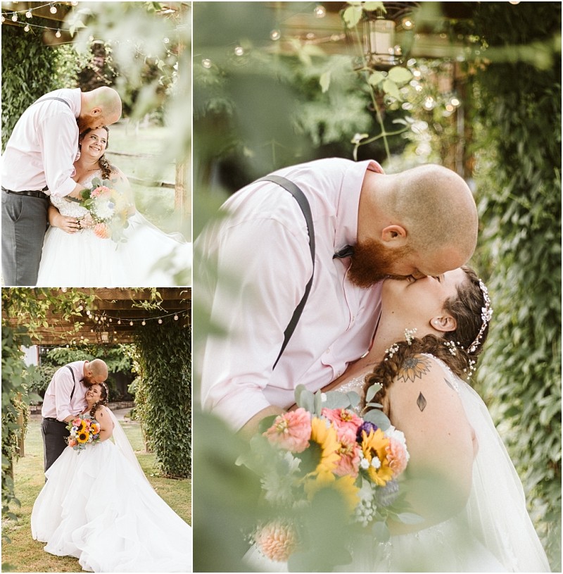 Premier snohomish & seattle wedding photographer | gsquared weddings photography a collage of three snohomish wedding photos shows a couple with the groom kissing the brides forehead and lips under greenery surrounded by soft light The bride holds a colorful bouquet of flowers and smiles joyfully | serving snohomish seattle                   & beyond