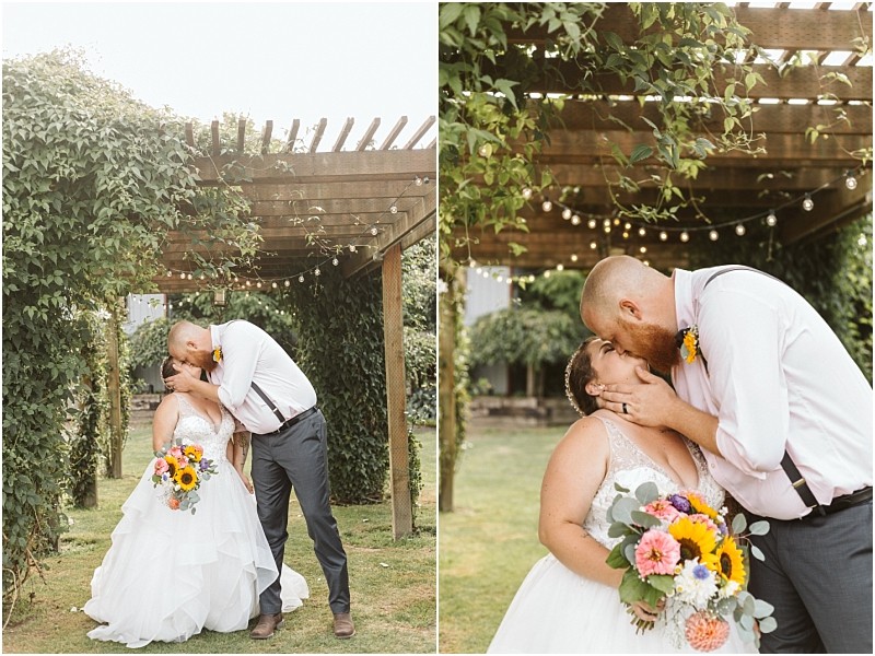 Premier snohomish & seattle wedding photographer | gsquared weddings photography a newlywed couple shares a joyful kiss under a vine covered pergola in snohomish The bride holds a colorful bouquet and both are dressed in wedding attire capturing a romantic moment at their seattle wedding outdoors | serving snohomish seattle                   & beyond