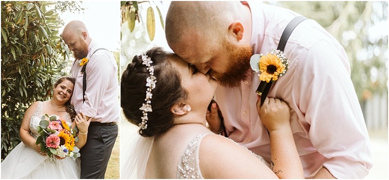 Premier snohomish & seattle wedding photographer | gsquared weddings photography two wedding photos on the left a smiling bride holds a colorful bouquet while leaning against her tall groom with a sunflower boutonniere On the right the snohomish couple shares a close affectionate kiss outdoors after their seattle engagement | serving snohomish seattle                   & beyond