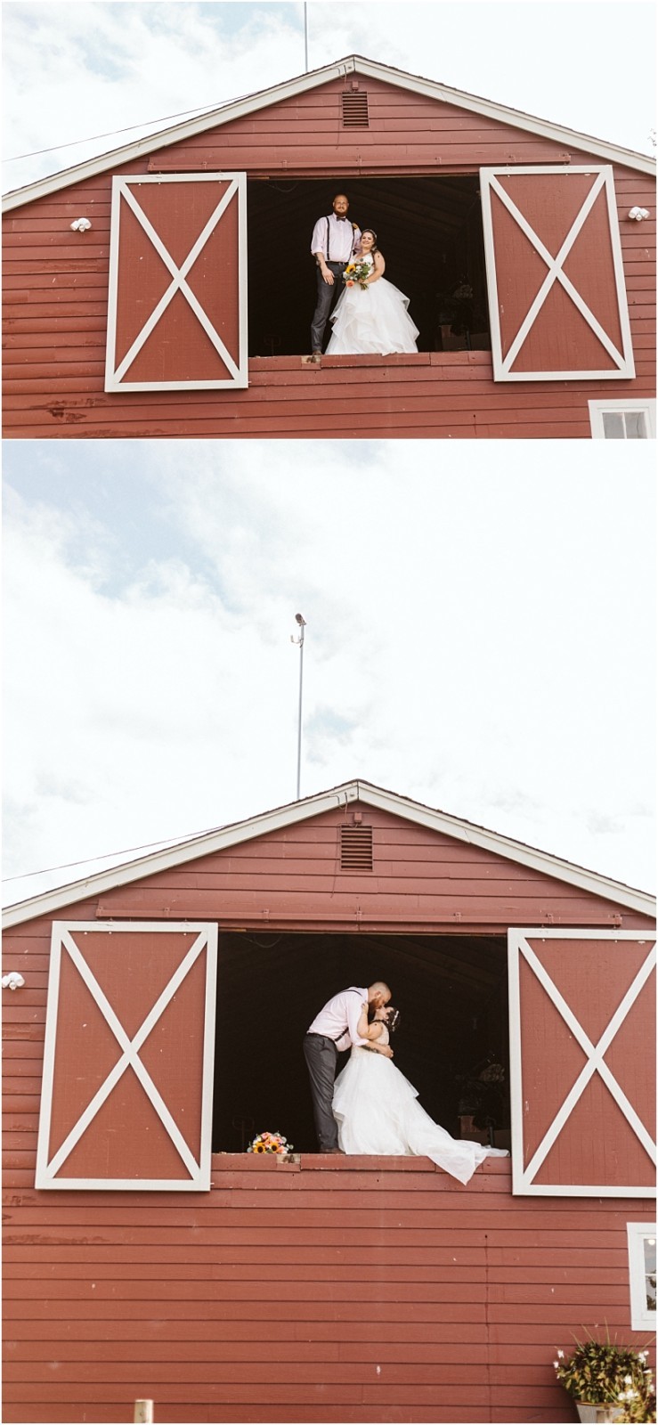 Premier snohomish & seattle wedding photographer | gsquared weddings photography two photos of a couple in wedding attire share a tender embrace in the open hayloft door of a red barn near snohomish Perfect for seattle wedding or engagement inspiration a bouquet rests beside them under the partly cloudy sky | serving snohomish seattle                   & beyond