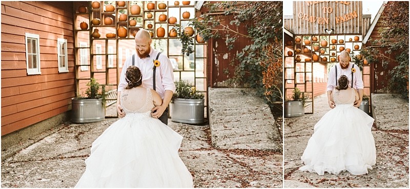 Premier snohomish & seattle wedding photographer | gsquared weddings photography a bride and groom share a first look outdoors by a rustic red barn at their snohomish wedding decorated with pumpkins on shelves The groom smiles at the bride in her white gown as they stand on a stone path | serving snohomish seattle                   & beyond