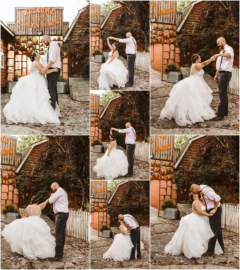 Premier snohomish & seattle wedding photographer | gsquared weddings photography a series of nine photos shows a bride and groom dancing playfully outdoors by a rustic barn decorated with pumpkins at their charming snohomish wedding The bride wears a white gown while the groom sports suspenders and gray pants | serving snohomish seattle                   & beyond