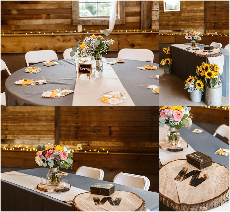 Premier snohomish & seattle wedding photographer | gsquared weddings photography rustic snohomish seattle wedding setup with round and rectangular tables gray tablecloths sunflowers and vibrant flower centerpieces in jars all inside a wooden barn adorned with string lights and natural wood accents | serving snohomish seattle                   & beyond