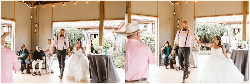 Premier snohomish & seattle wedding photographer | gsquared weddings photography a bride and groom laugh and dance together at their snohomish wedding in a rustic indoor venue with guests watching and smiling in the background The groom holding a microphone reaches for the brides hand during this joyful seattle engagement celebration | serving snohomish seattle                   & beyond