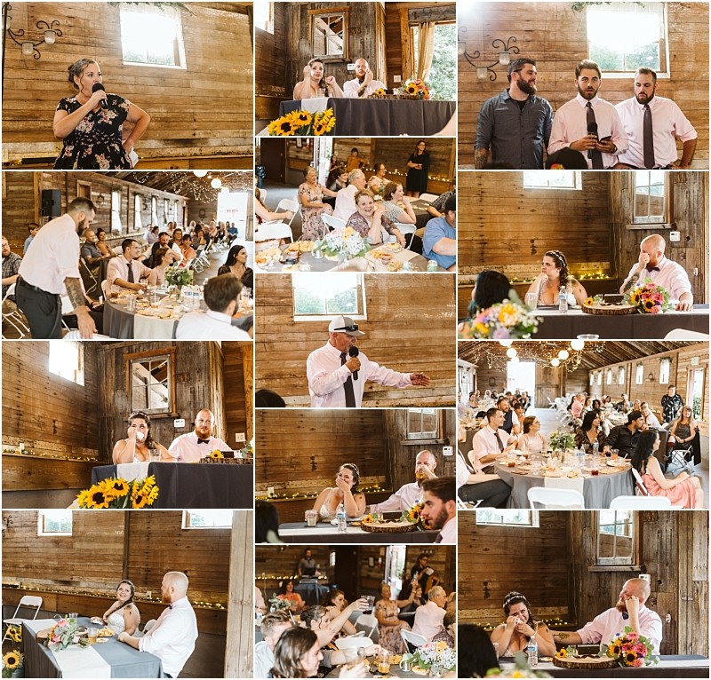Premier snohomish & seattle wedding photographer | gsquared weddings photography a collage of snohomish wedding reception photos in a rustic wooden venue showing guests giving speeches laughing and seated at decorated tables with sunflowers The atmosphere is joyful and celebratory perfect for a seattle engagement celebration | serving snohomish seattle                   & beyond