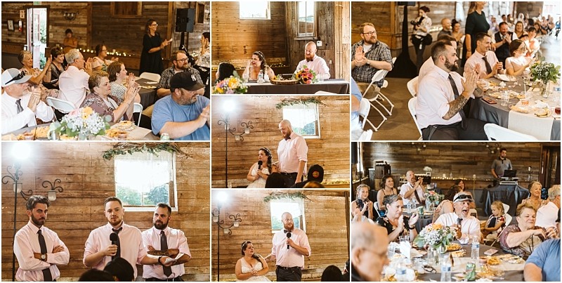 Premier snohomish & seattle wedding photographer | gsquared weddings photography a collage of candid photos at a rustic indoor snohomish wedding event shows guests at decorated tables listening to speeches Several men in white shirts and ties speak while attendees watch and enjoy the occasion | serving snohomish seattle                   & beyond