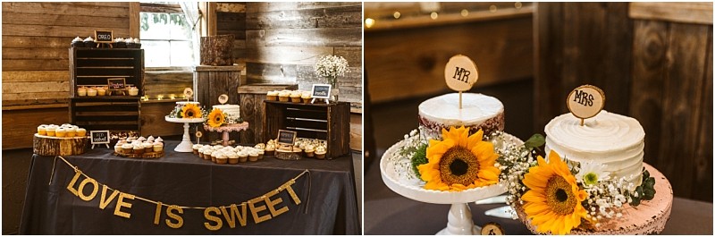 Premier snohomish & seattle wedding photographer | gsquared weddings photography a rustic snohomish dessert table with cupcakes sunflowers and a love is sweet banner On the right two small cakes adorned with sunflowers and mr And mrs Signs sit on cake standsperfect for a seattle wedding engagement celebration | serving snohomish seattle                   & beyond