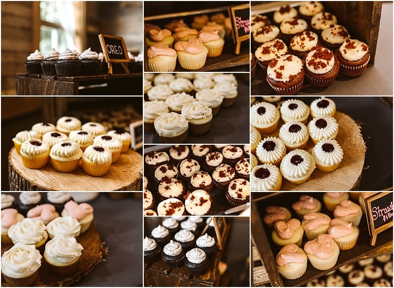 Premier snohomish & seattle wedding photographer | gsquared weddings photography a collage of various cupcakes displayed on wooden stands at a snohomish seattle wedding featuring different flavors and icing designs including chocolate vanilla and red velvet with labeled signs such as oreo and strawberry shortcake | serving snohomish seattle                   & beyond