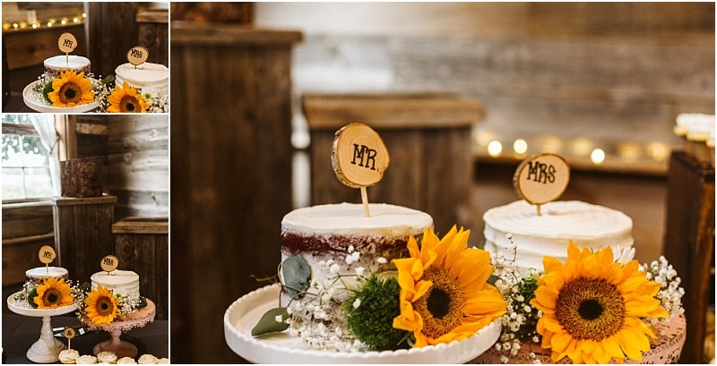 Premier snohomish & seattle wedding photographer | gsquared weddings photography two rustic wedding cakes topped with mr And mrs Wooden signs decorated with sunflowers and greenery are displayed on white cake stands in a charming snohomish barnperfect for a seattle wedding or engagement celebration | serving snohomish seattle                   & beyond