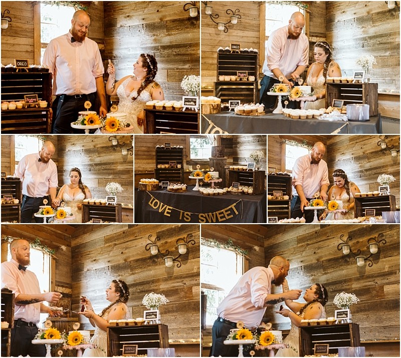 Premier snohomish & seattle wedding photographer | gsquared weddings photography a collage shows a bride and groom at their rustic snohomish wedding cutting cake feeding each other and laughing together The dessert table is decorated with sunflowers and a love is sweet banner | serving snohomish seattle                   & beyond